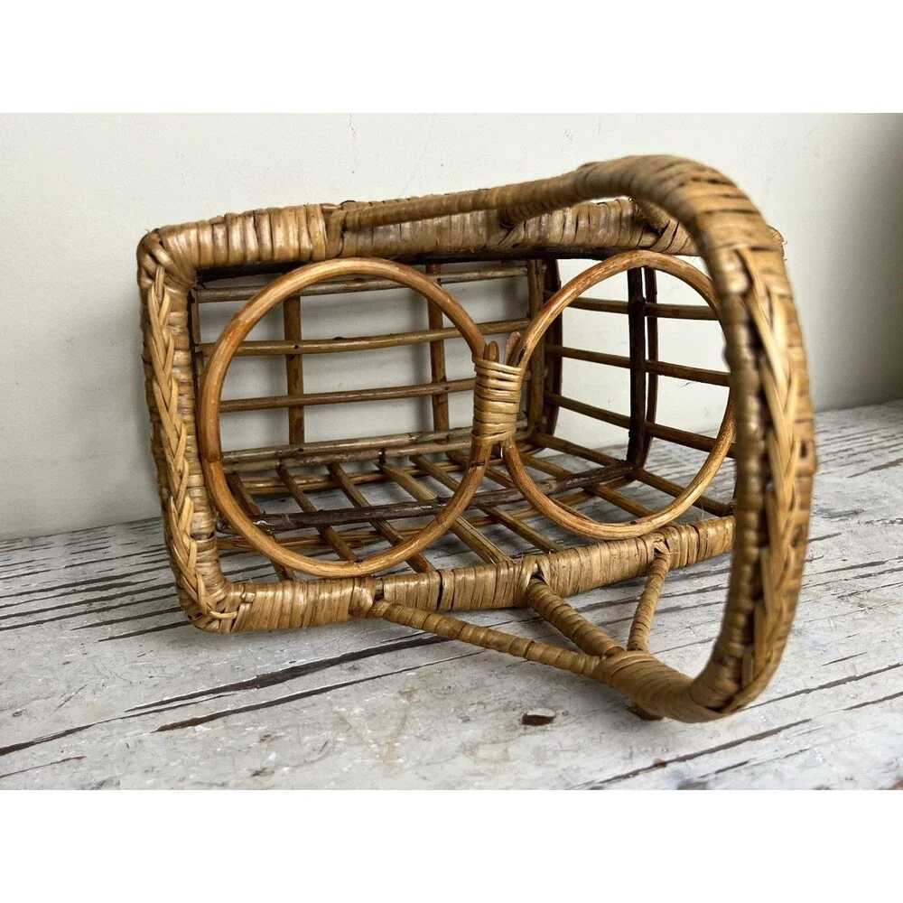 Vintage Bamboo Wicker 2 Bottle Wine Carrier Picnic Caddy Boho Barware Basket